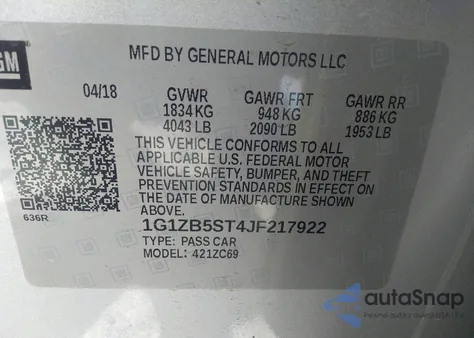 2018 Chevrolet Malibu 1Ls z USA, uszkodzony, nr VIN 1G1ZB5ST4JF217922